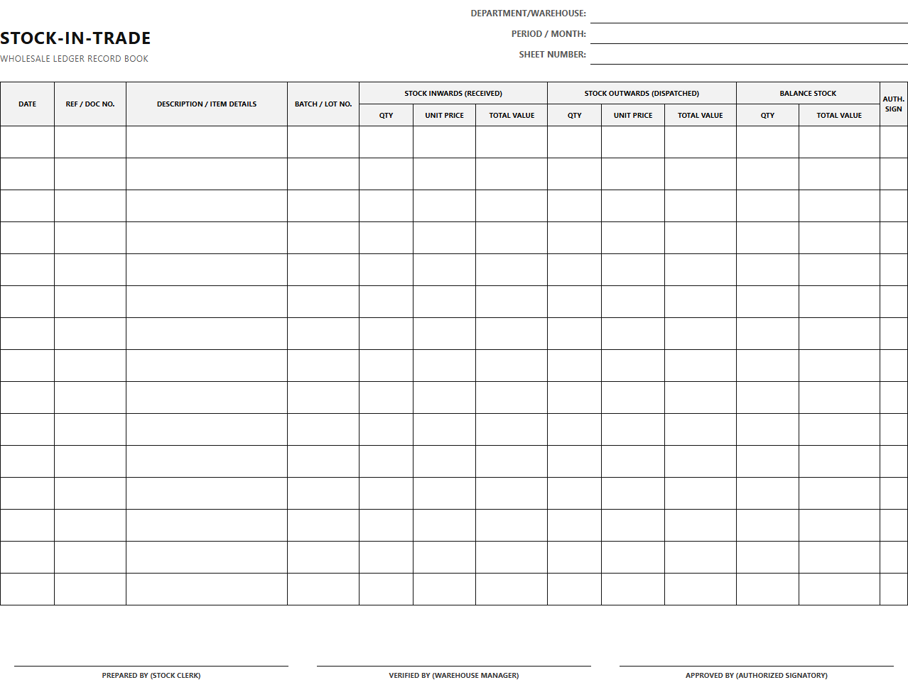 Wholesale Stock-in-Trade Record Book