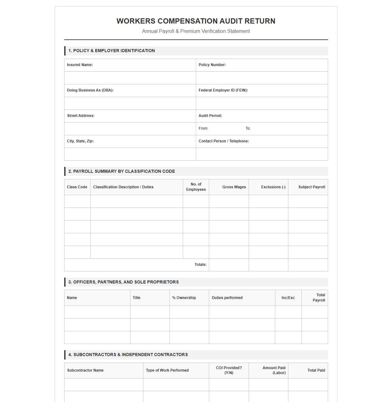 Workers Compensation Audit Return Template