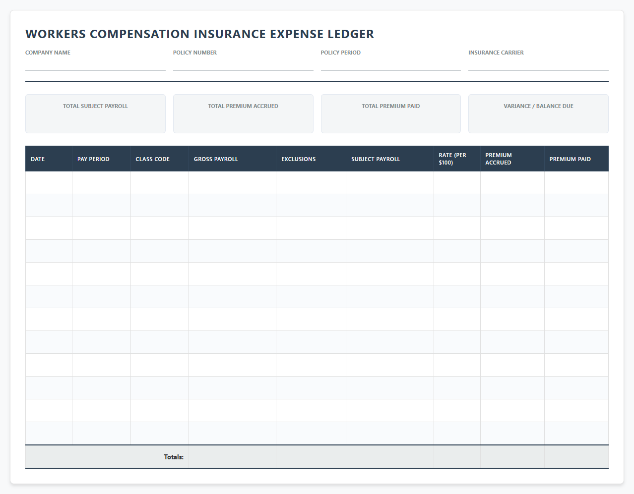 Workers Compensation Insurance Expense Ledger Spreadsheet