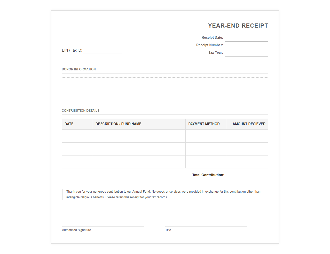 Year End Contribution Receipt Template