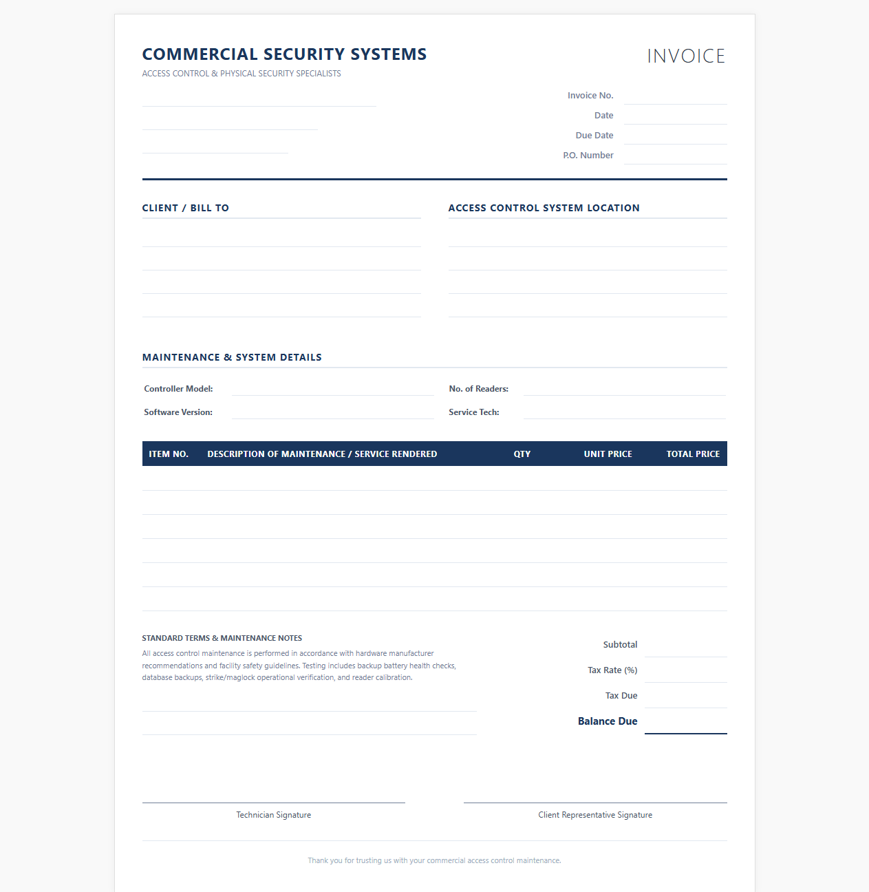 Access Control System Maintenance Invoice