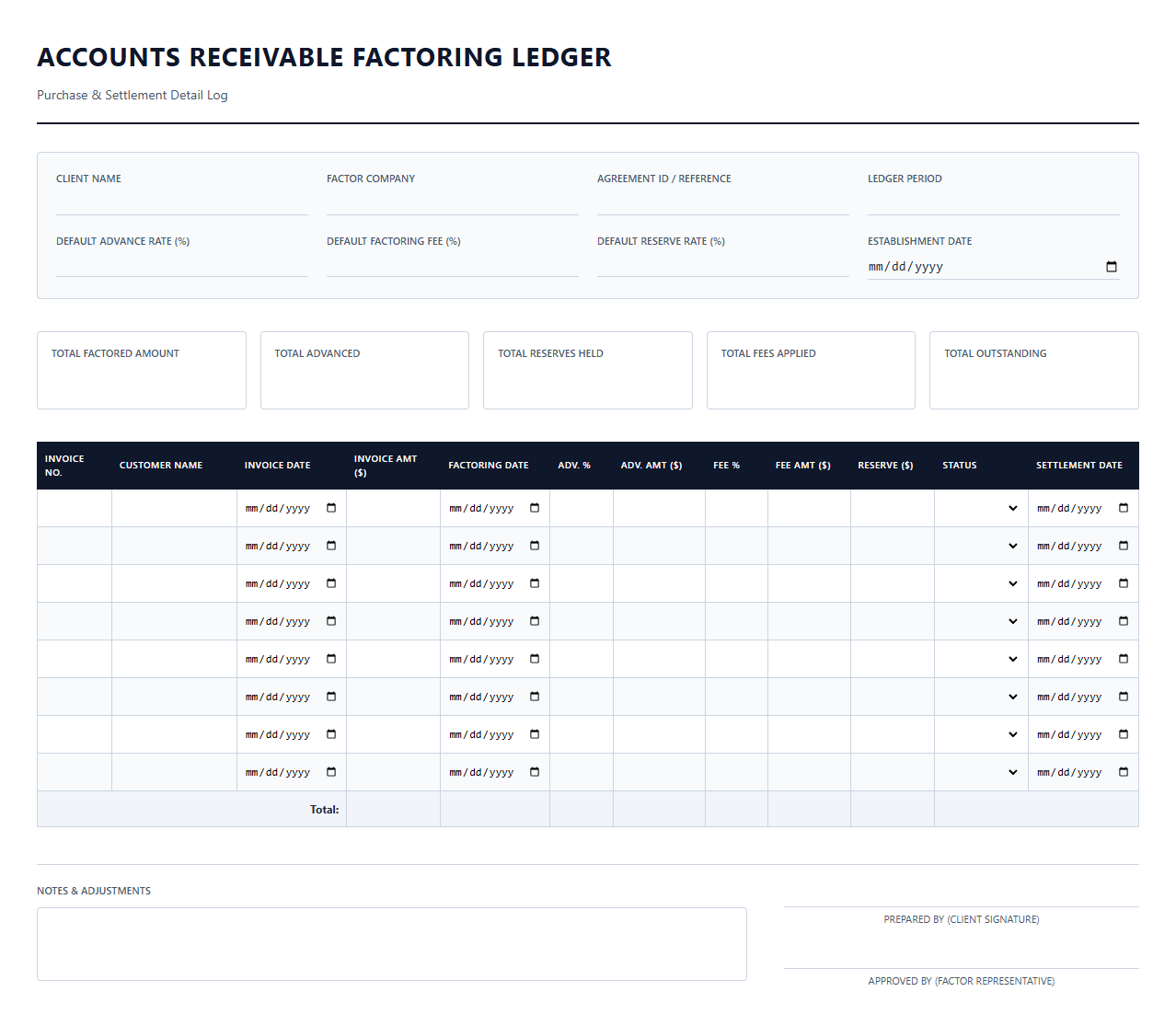 Accounts Receivable Factoring Ledger