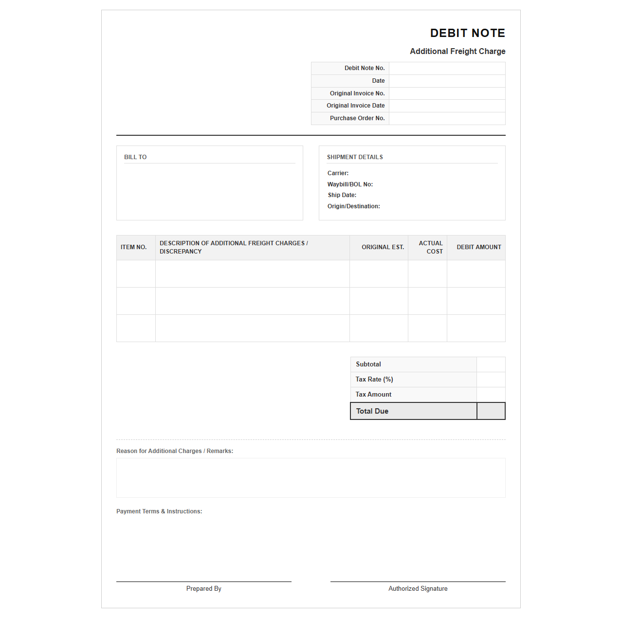 Additional Freight Charge Debit Invoice Template