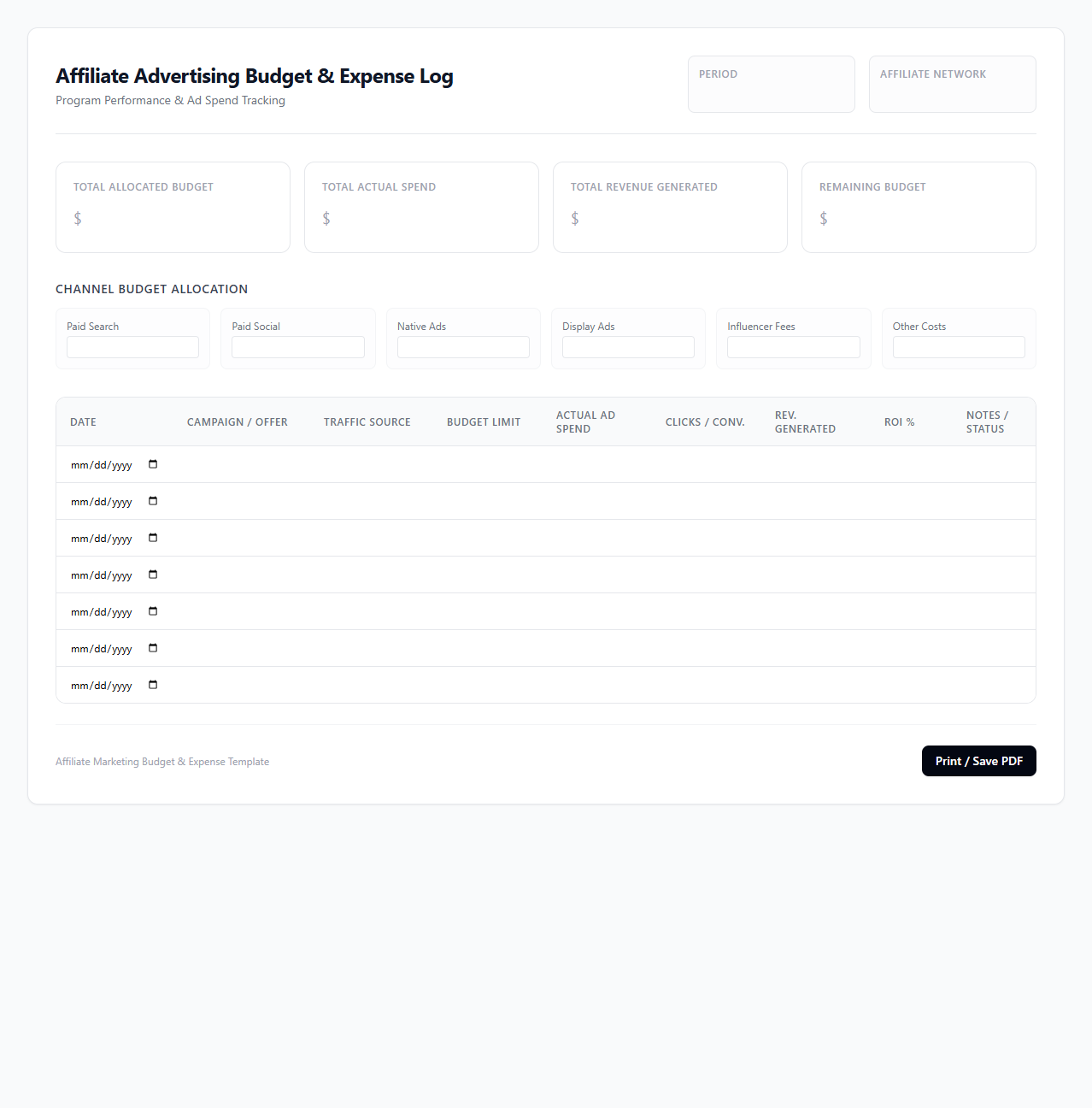 Affiliate Advertising Budget and Expense Log
