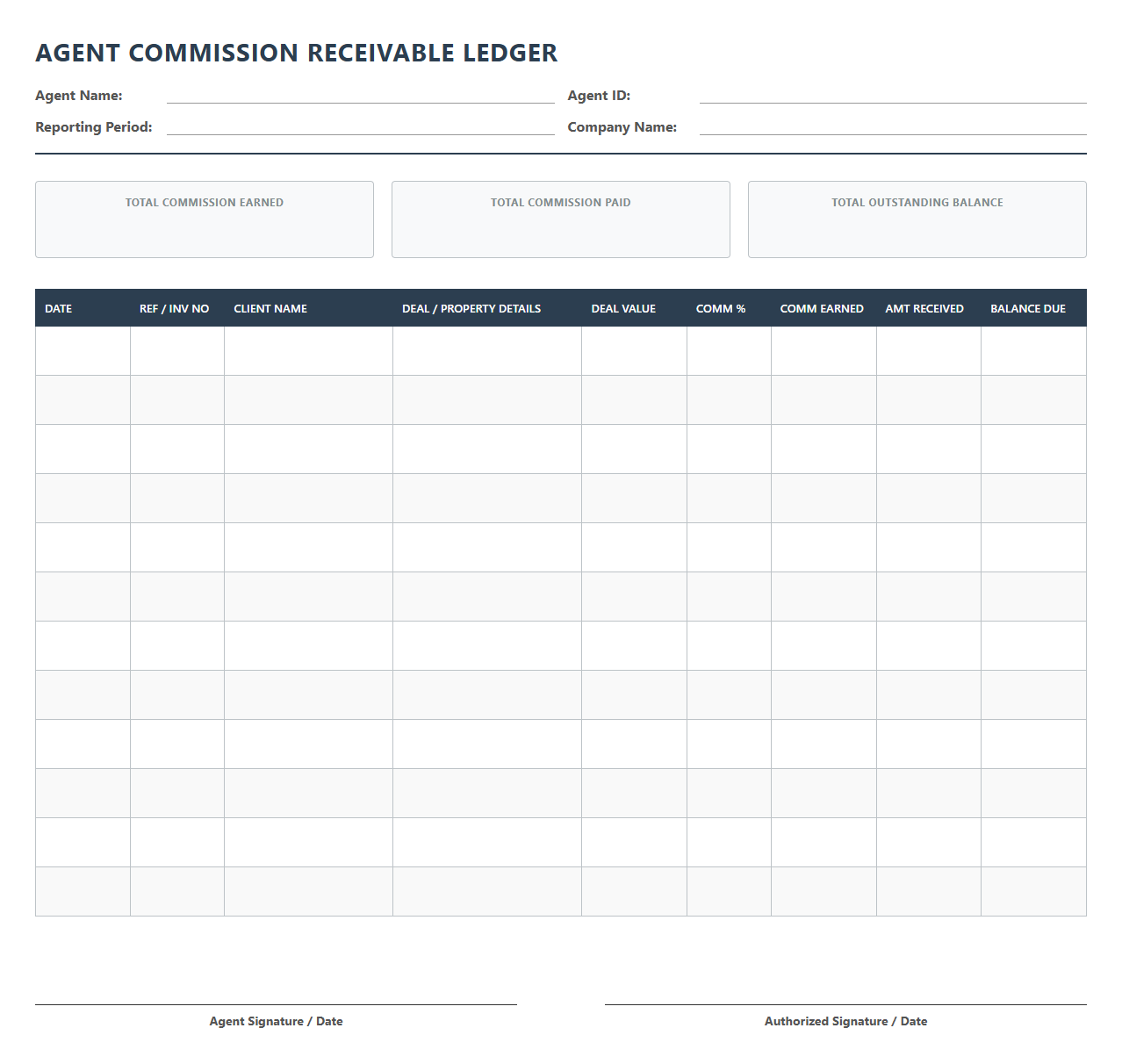 Agent Commission Receivable Ledger Template