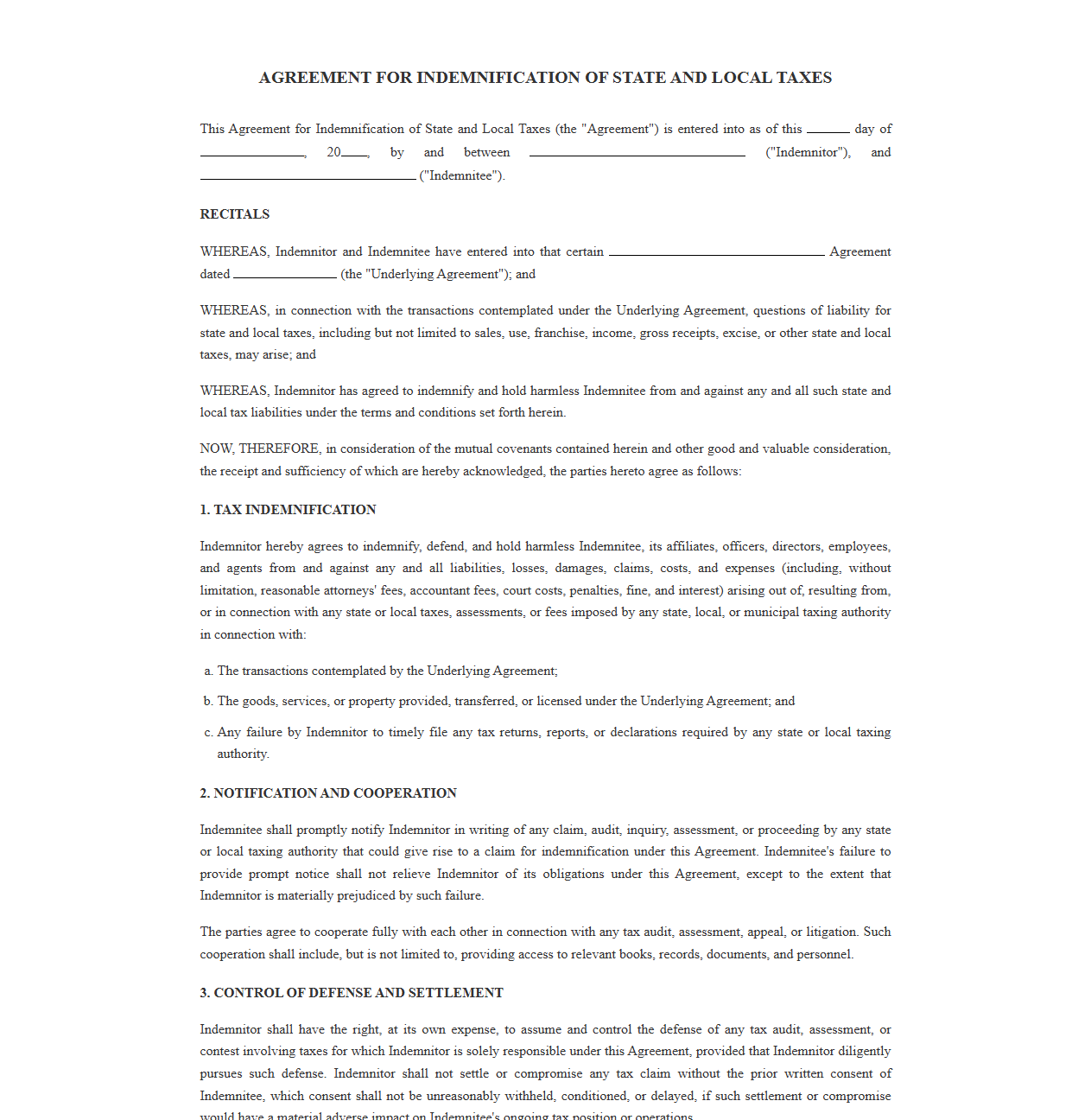 Agreement for Indemnification of State and Local Taxes