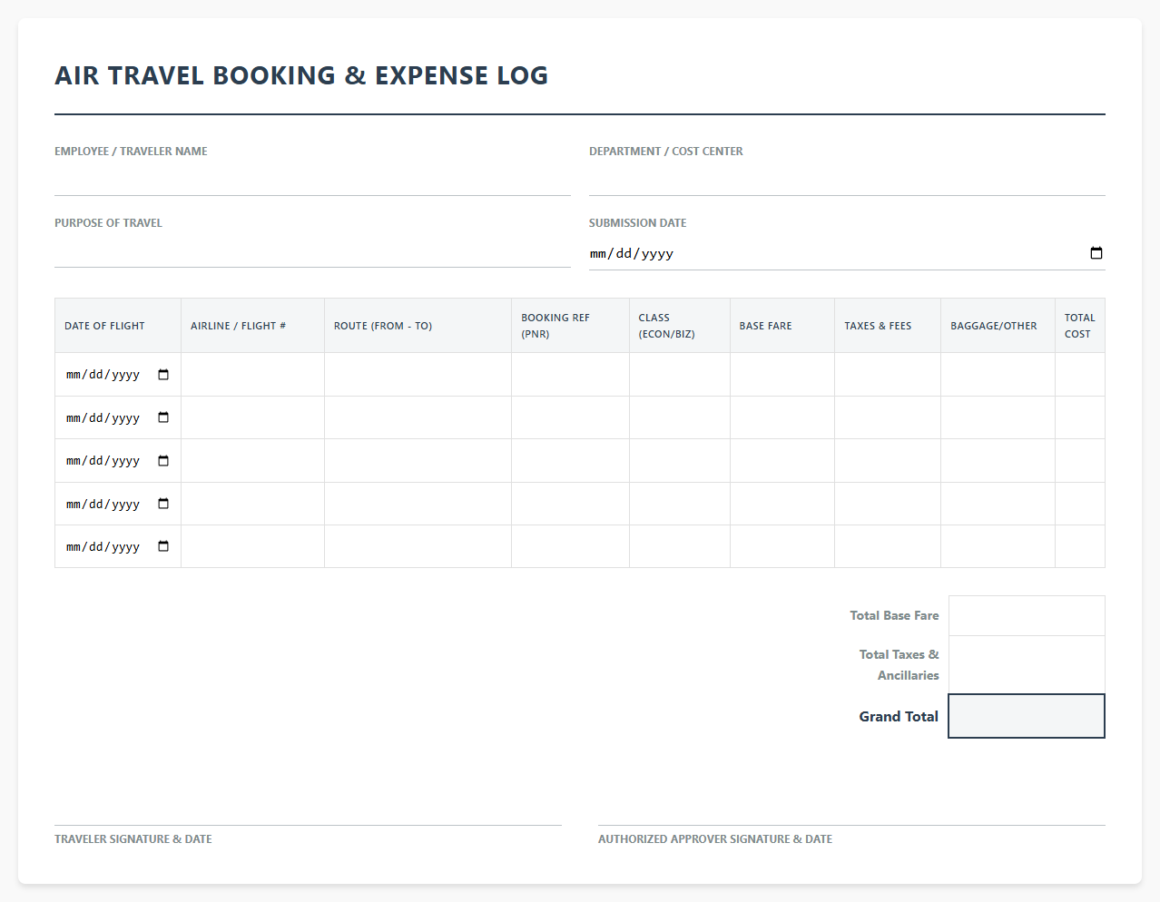 Air Travel Booking and Expense Log
