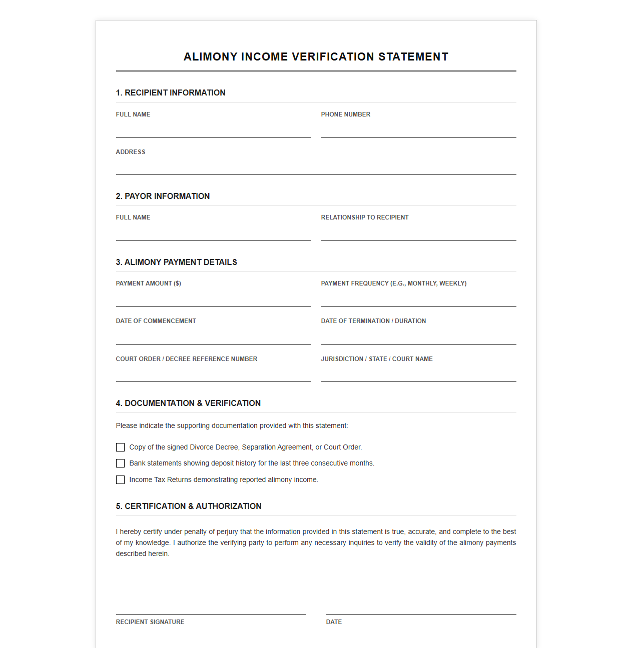 Alimony Income Verification Statement Template