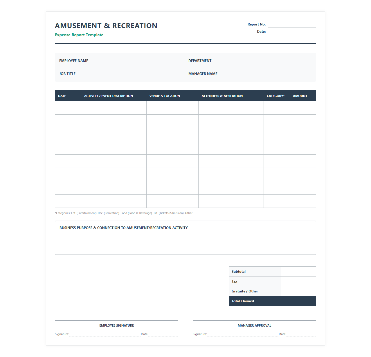 Amusement and Recreation Expense Report Template