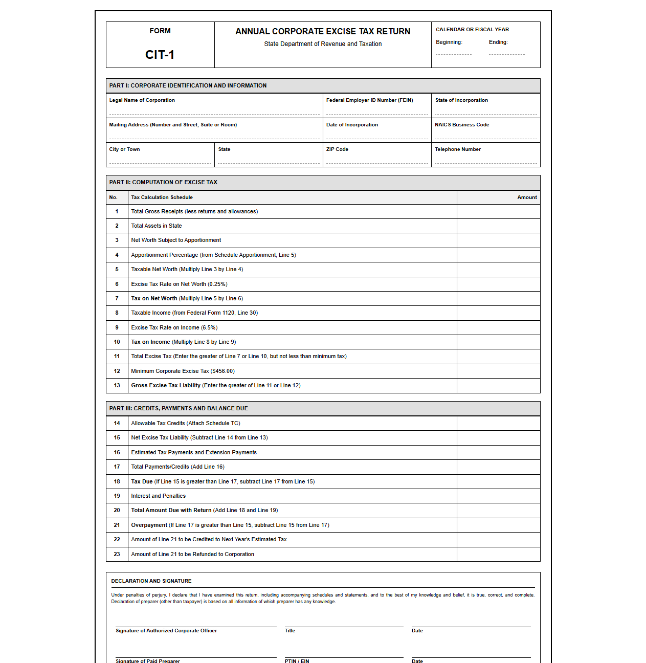Annual Corporate Excise Tax Return Form