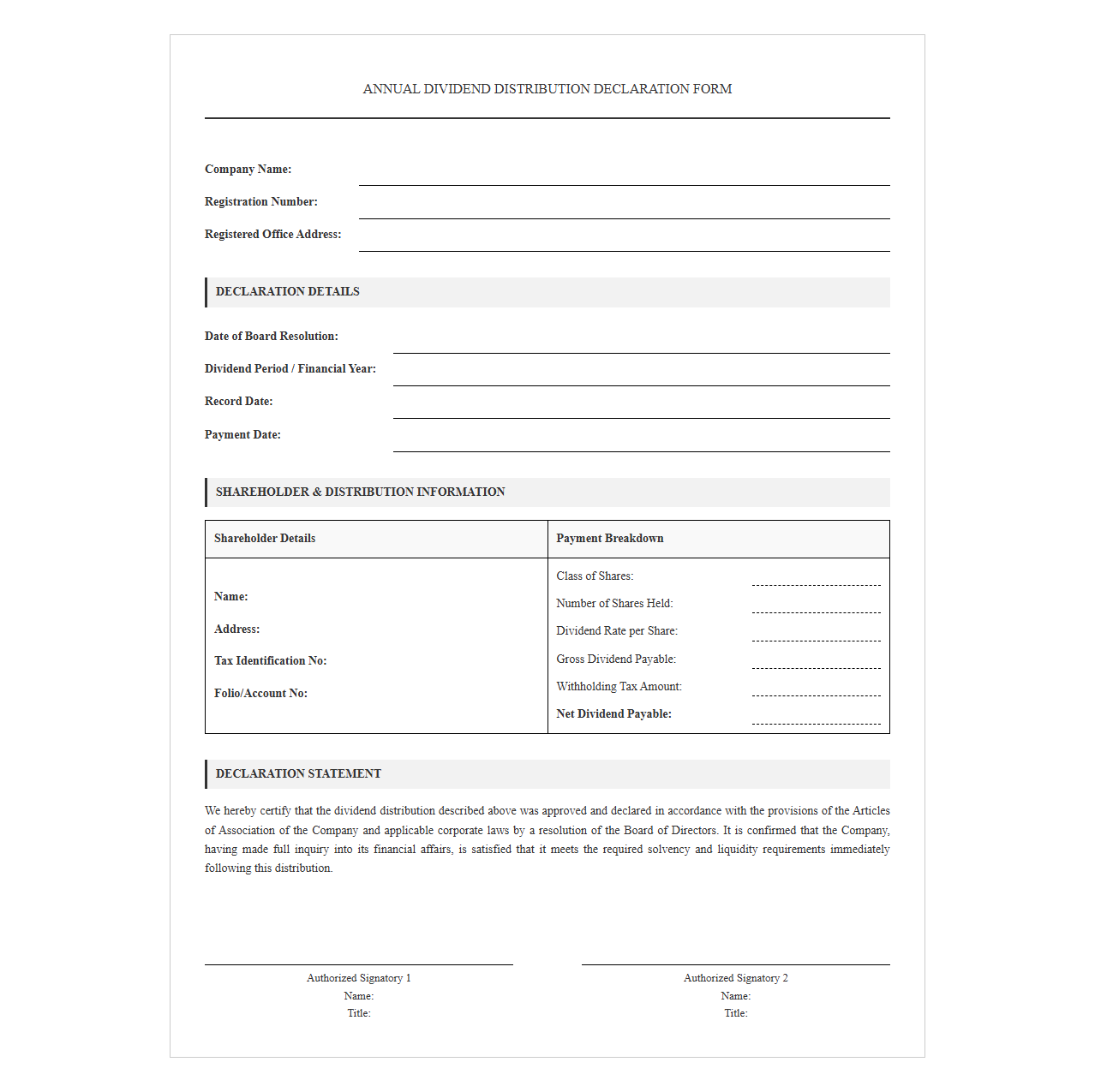 Annual Dividend Distribution Declaration Form