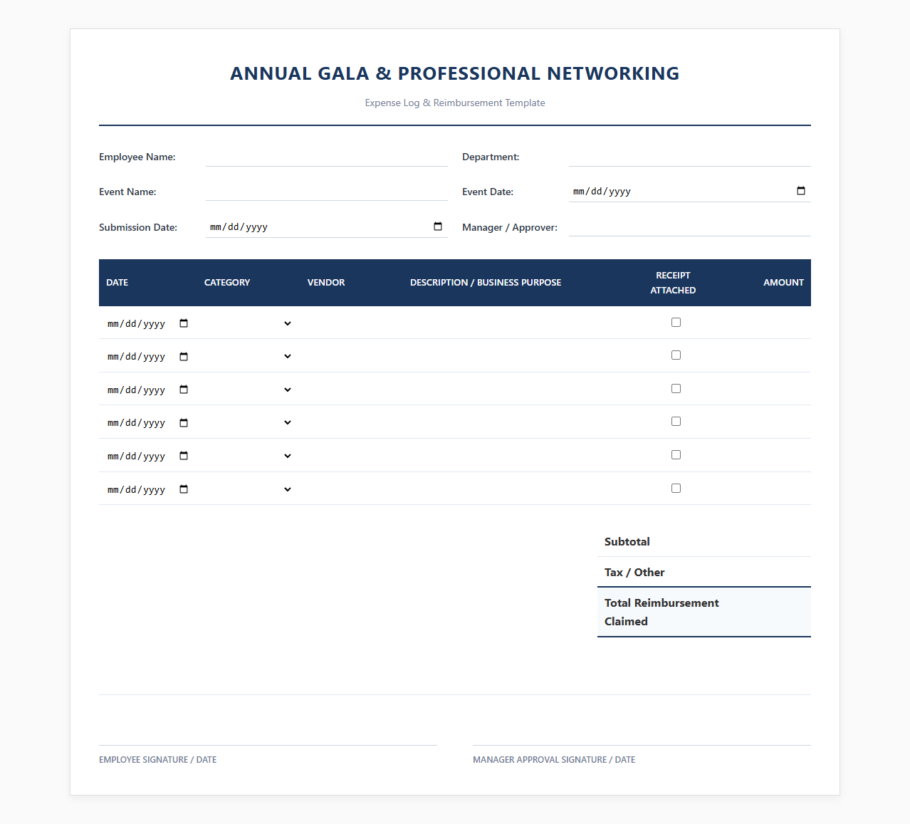 Annual Gala and Professional Networking Expense Log