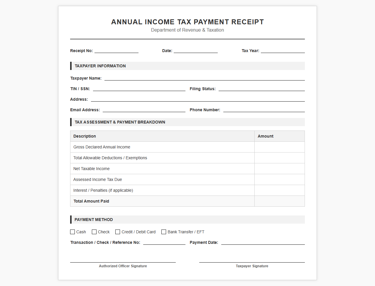 Annual Income Tax Payment Receipt Template