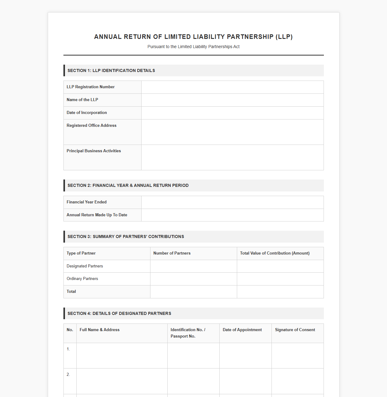 Annual Return Template for Limited Liability Partnerships