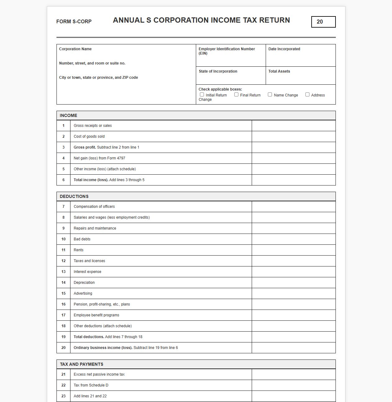 Annual S Corporation Tax Return Template