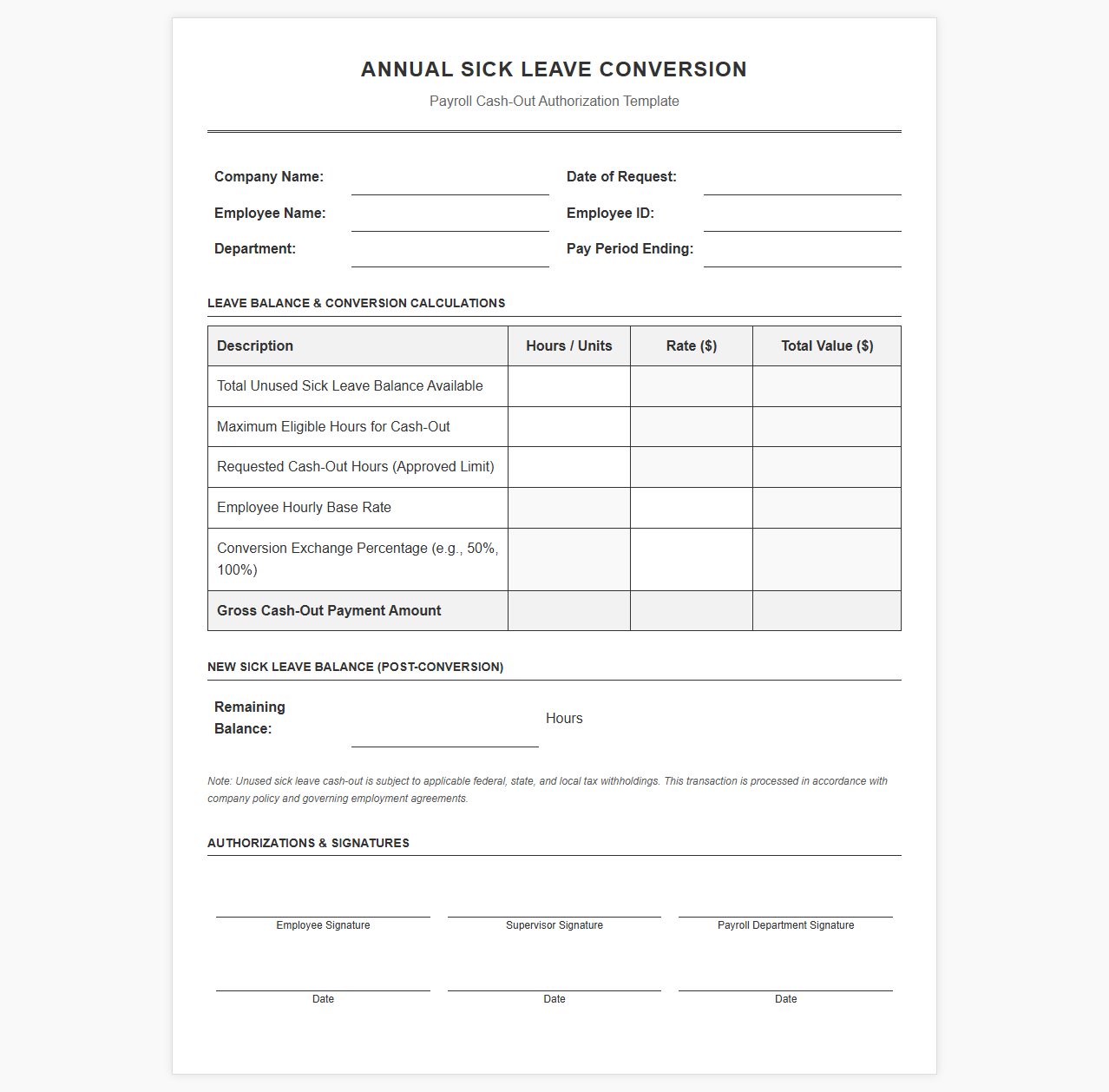 Annual Sick Leave Conversion Payroll Template