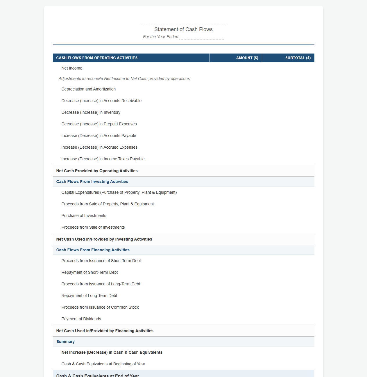 Annual Statement of Cash Flows Excel Template