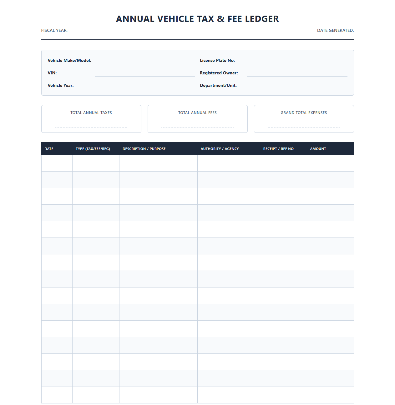 Annual Vehicle Tax and Fee Ledger