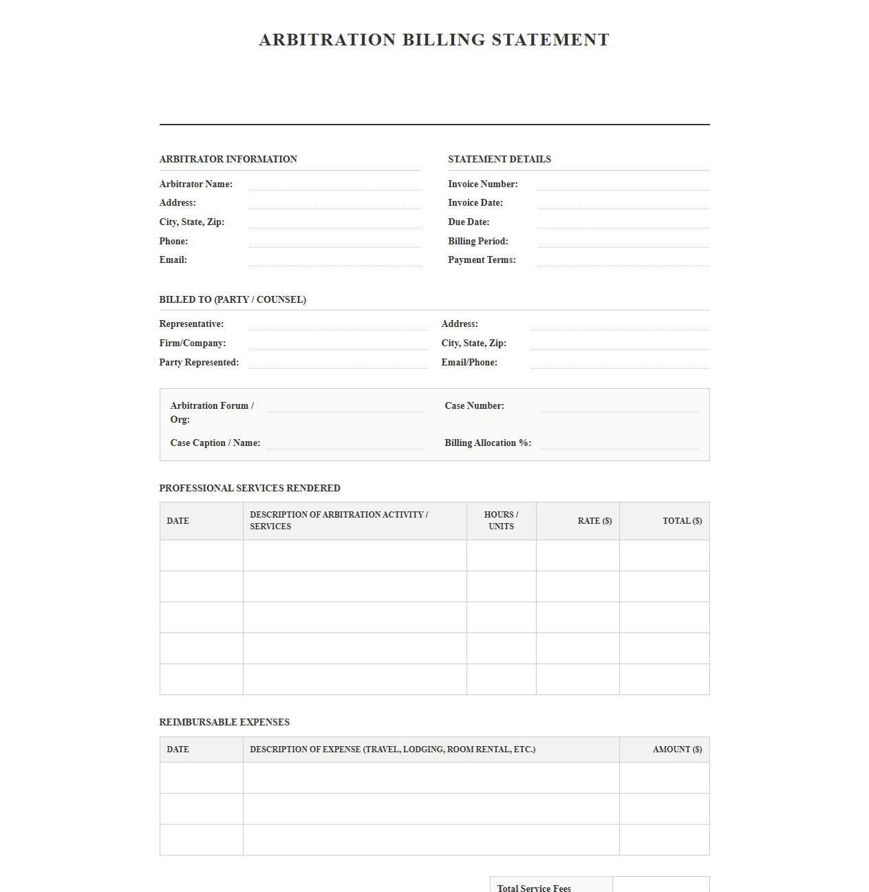 Arbitrator Billing Statement Template