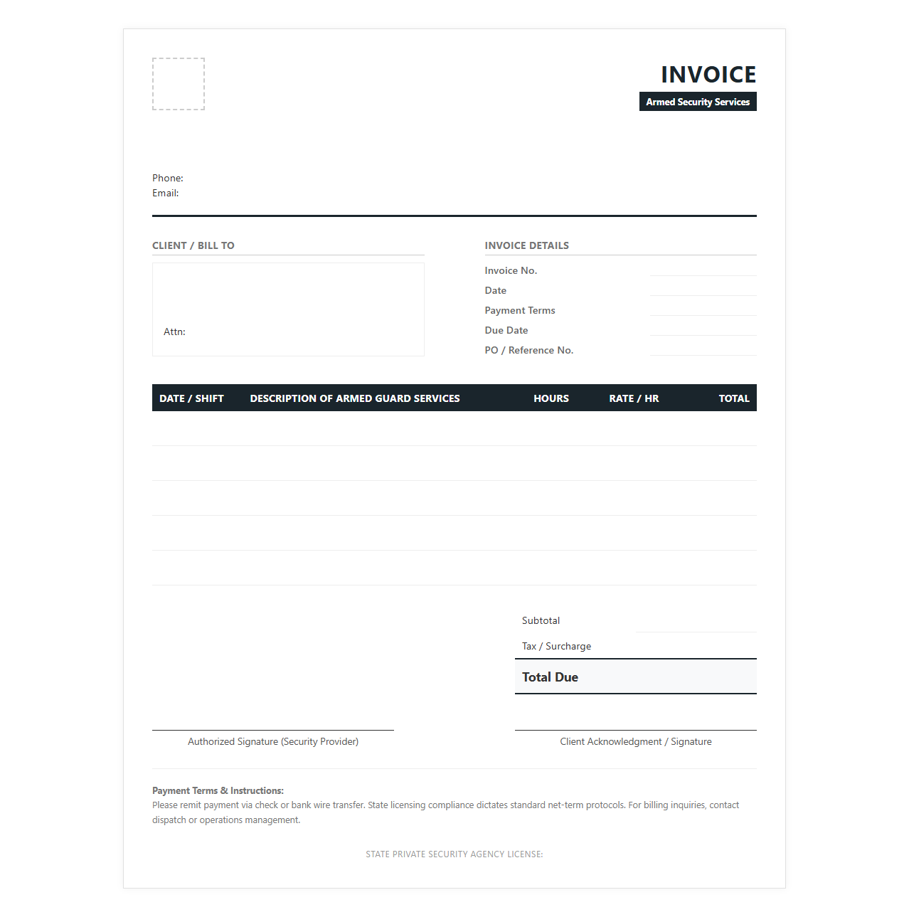 Armed Security Guard Services Invoice