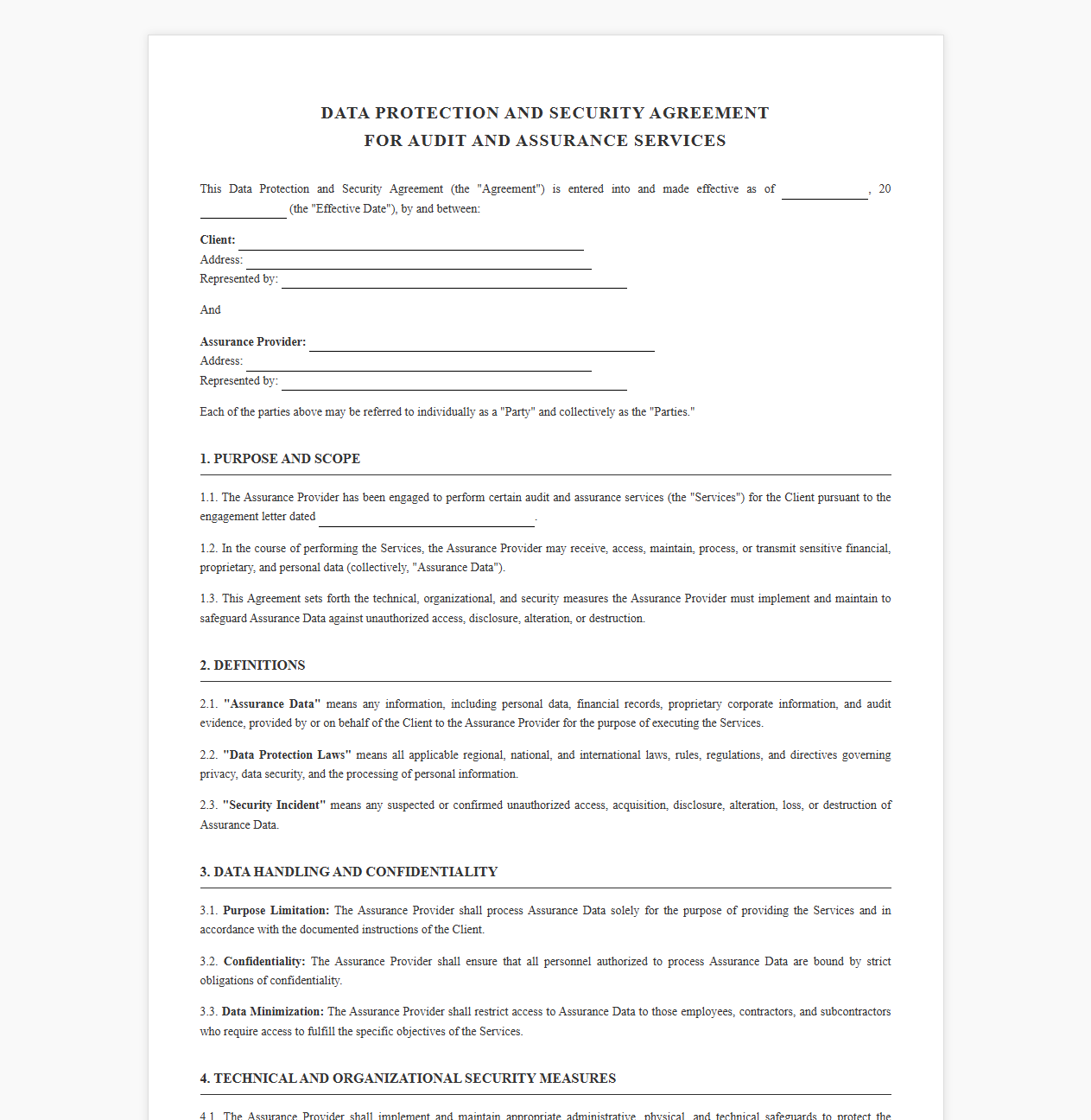 Assurance Services Data Protection Contract Template