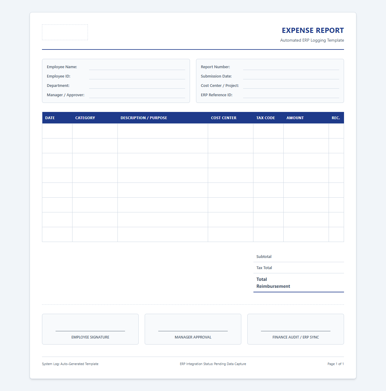 Automated ERP Expense Logging Template