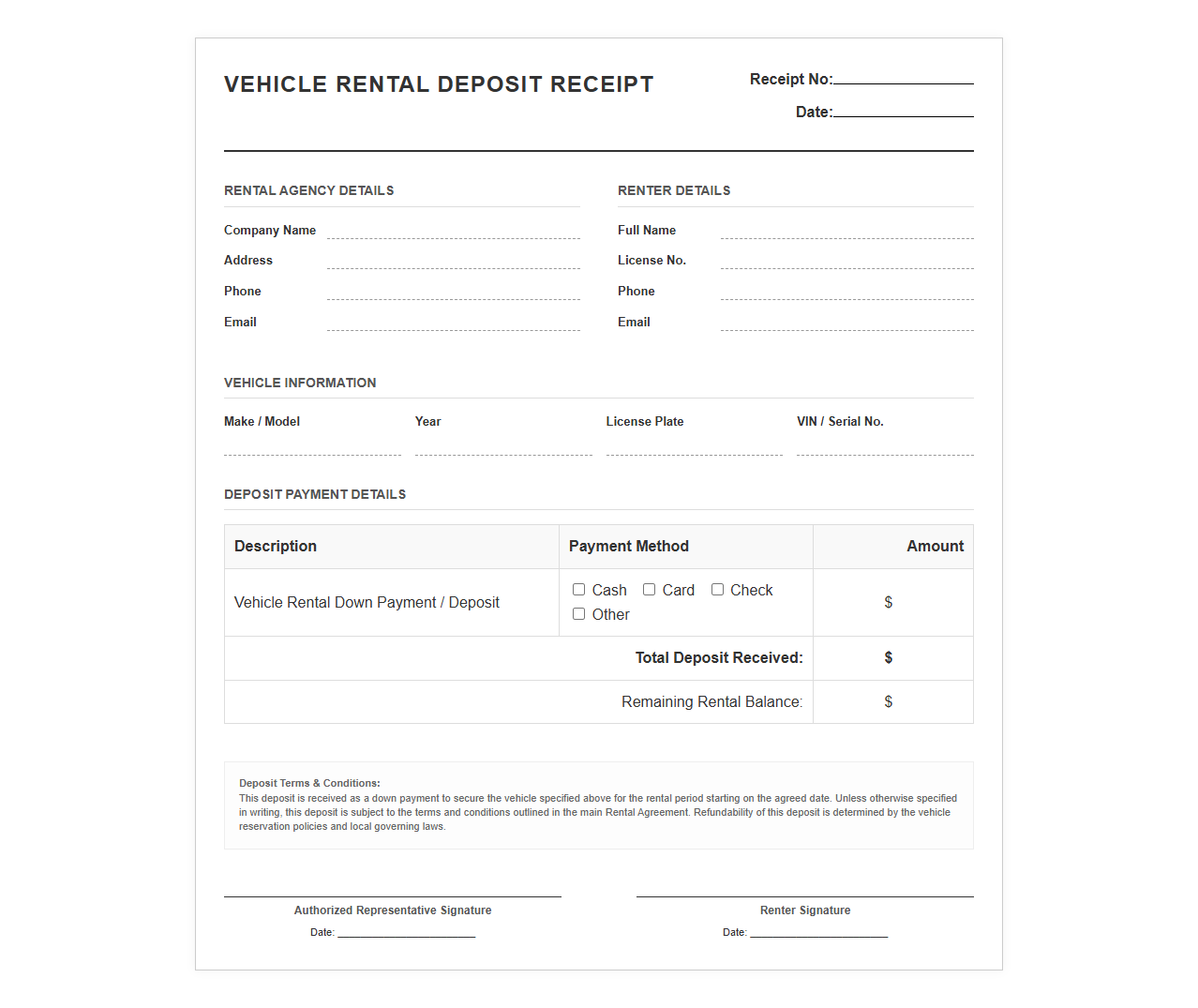Automobile Rental Down Payment Receipt