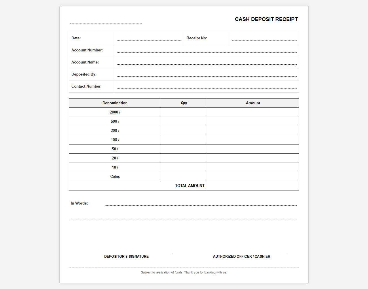 Bank Cash Deposit Receipt Form