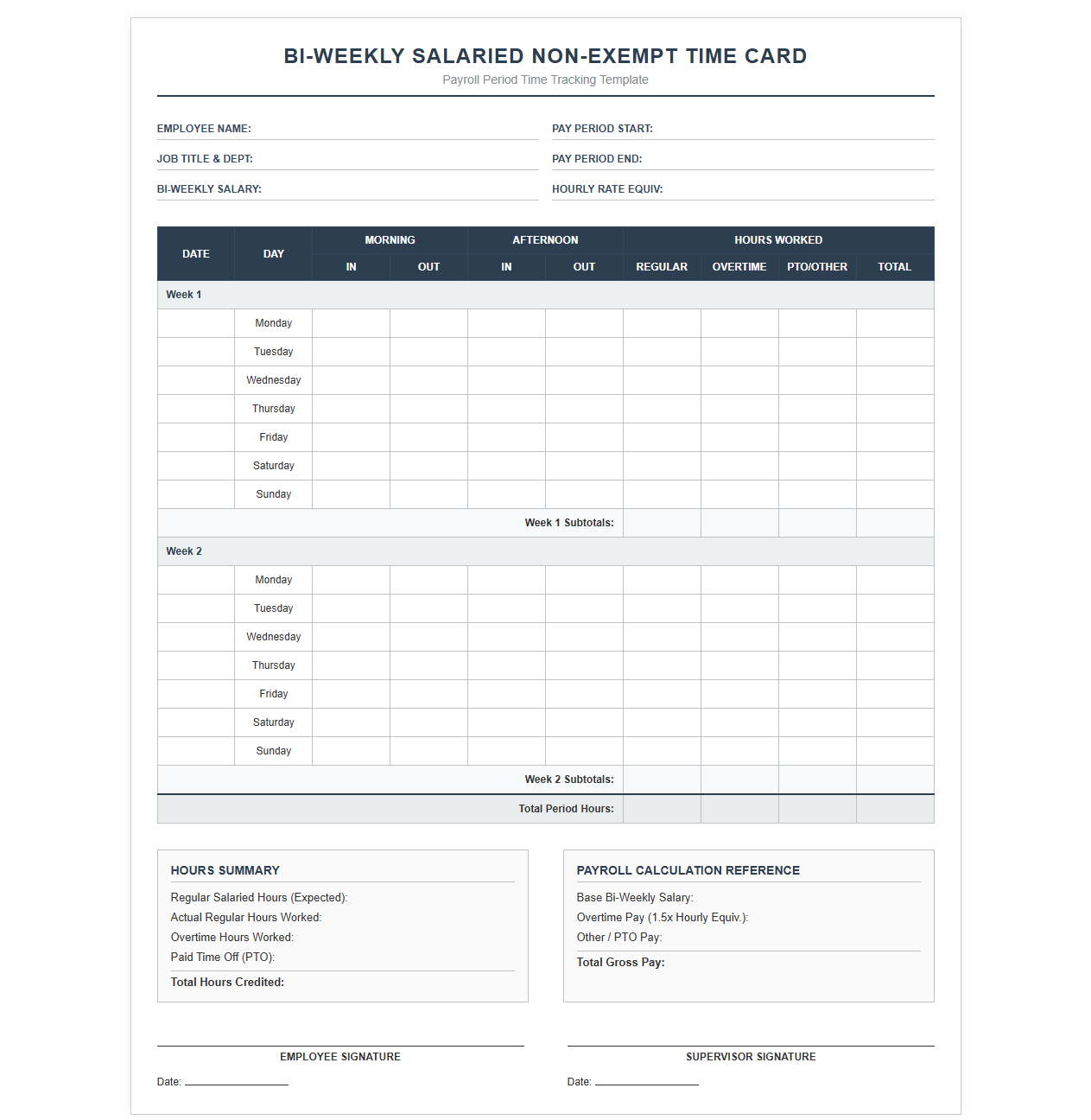 Bi-Weekly Salaried Non-Exempt Time Card Template