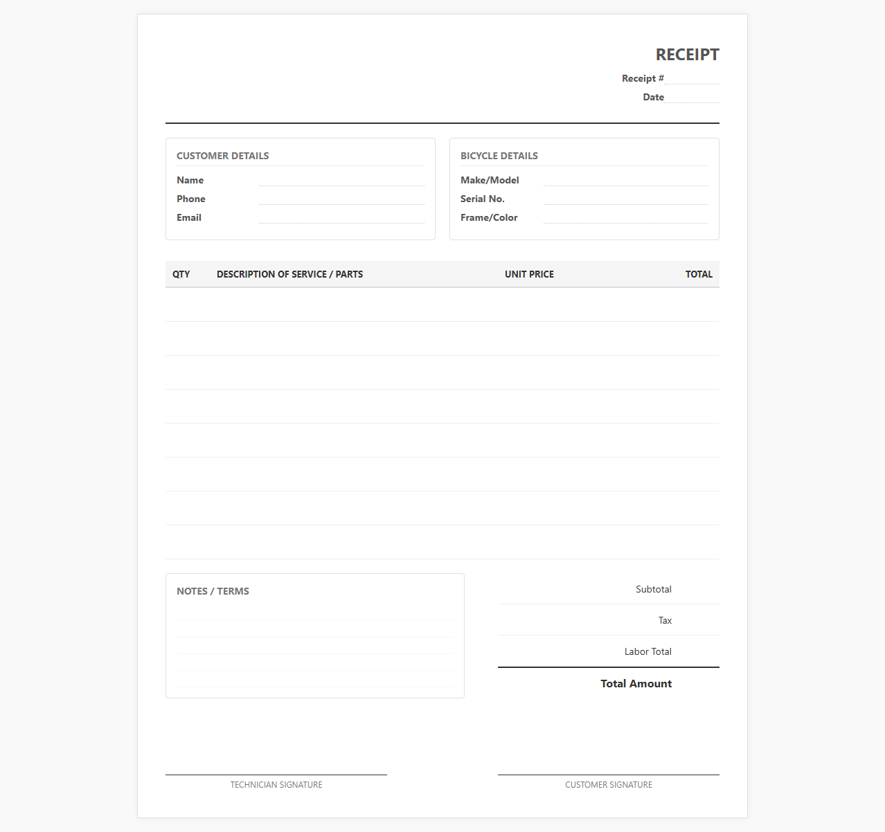 Bicycle Repair Shop Receipt Template