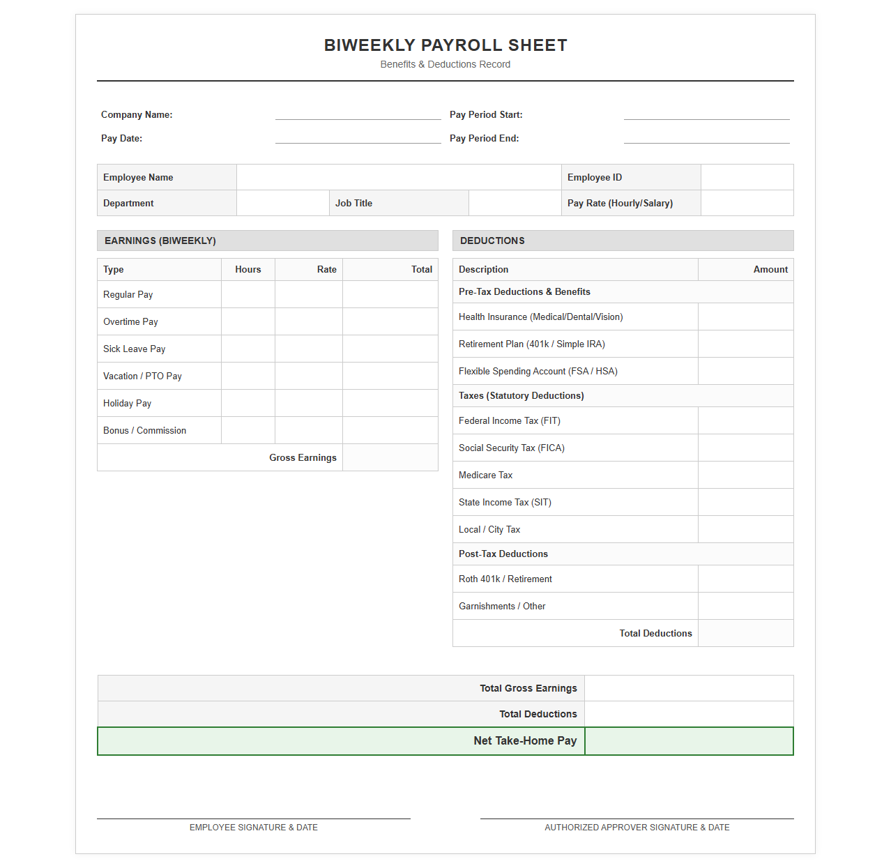 Biweekly Payroll Sheet with Benefits and Deductions