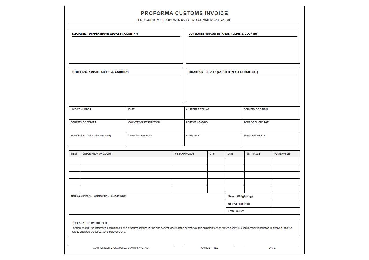 Border Control Proforma Customs Invoice Template