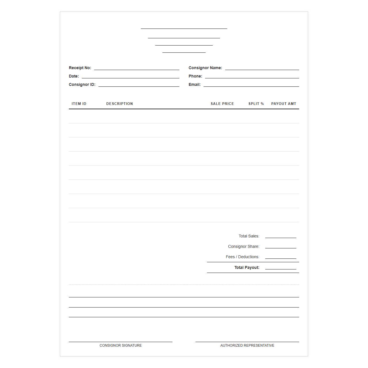 Boutique Consignment Sales Transaction Receipt