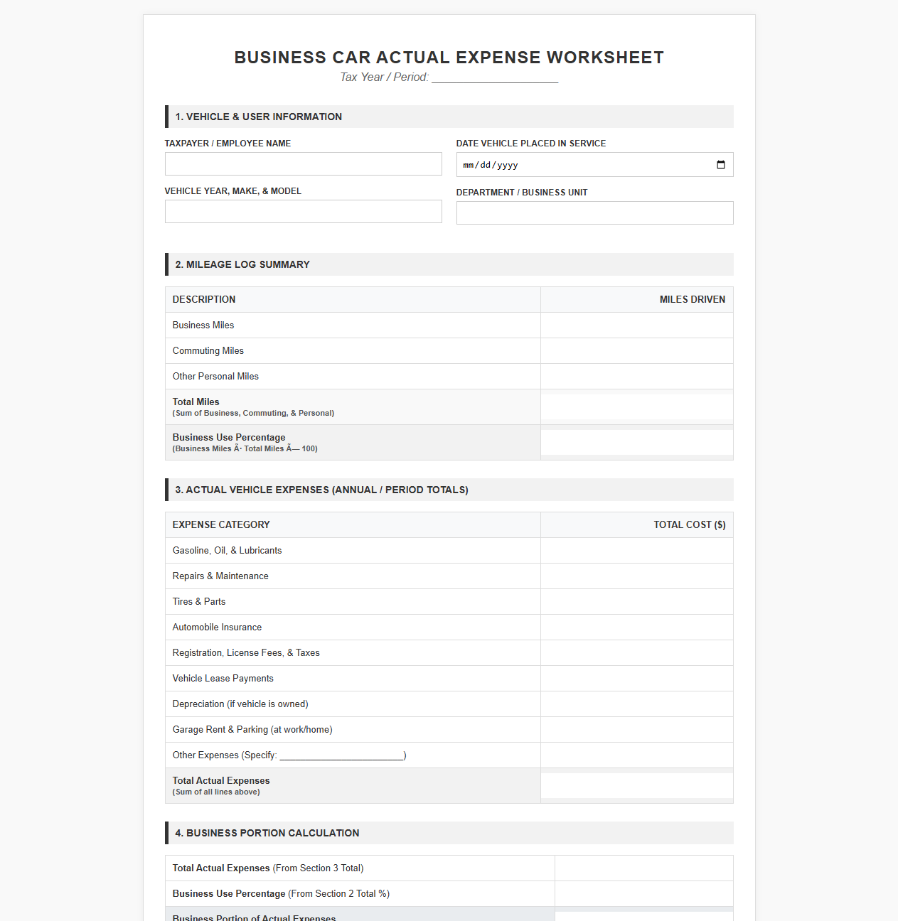 Business Car Actual Expense Worksheet
