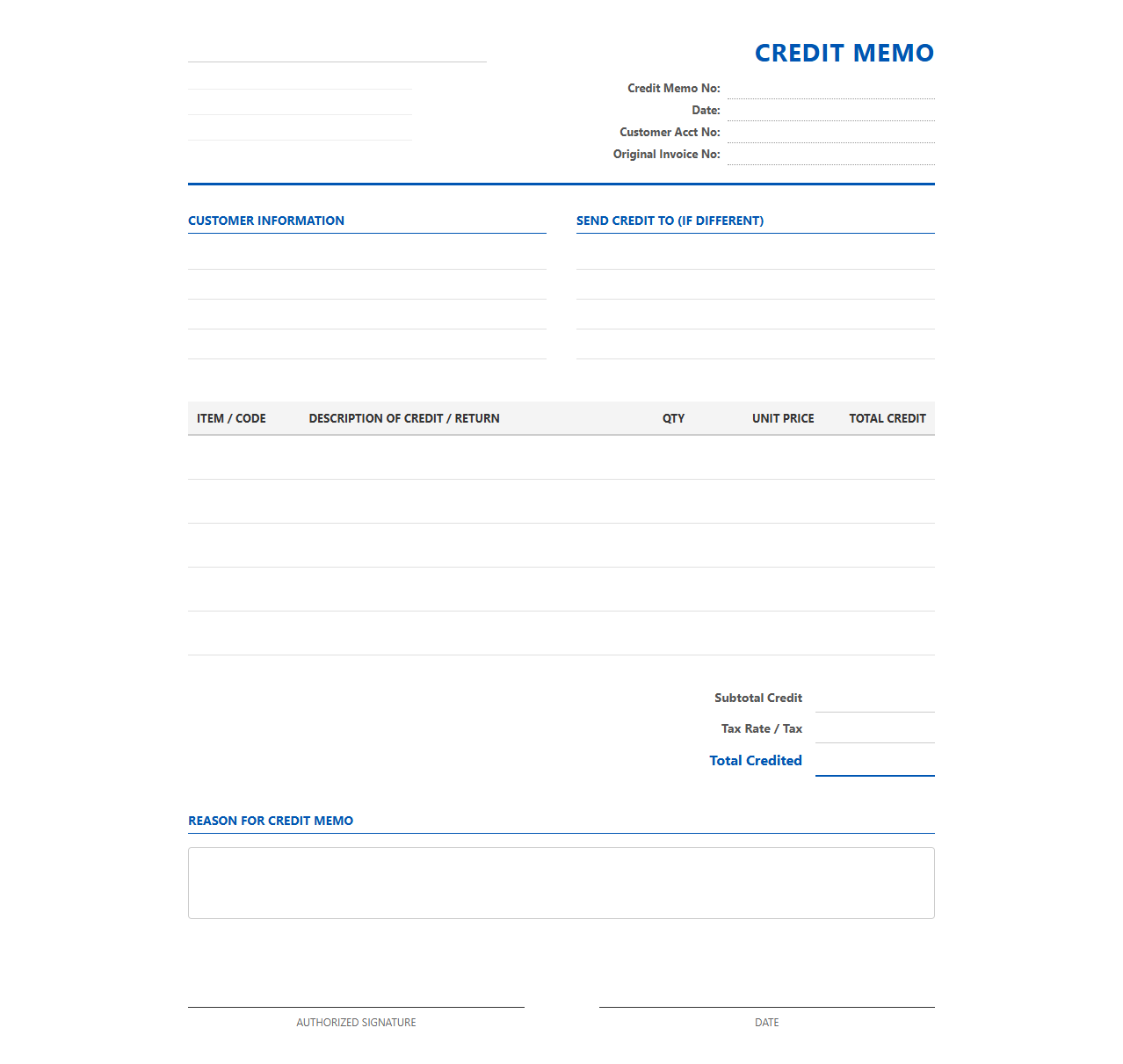Business Credit Memo Invoice for Customer Accounts