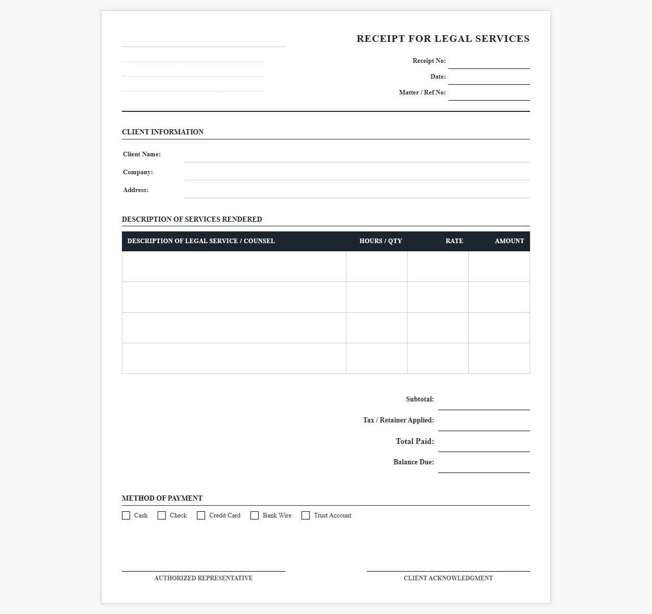 Business Legal Services Rendered Receipt