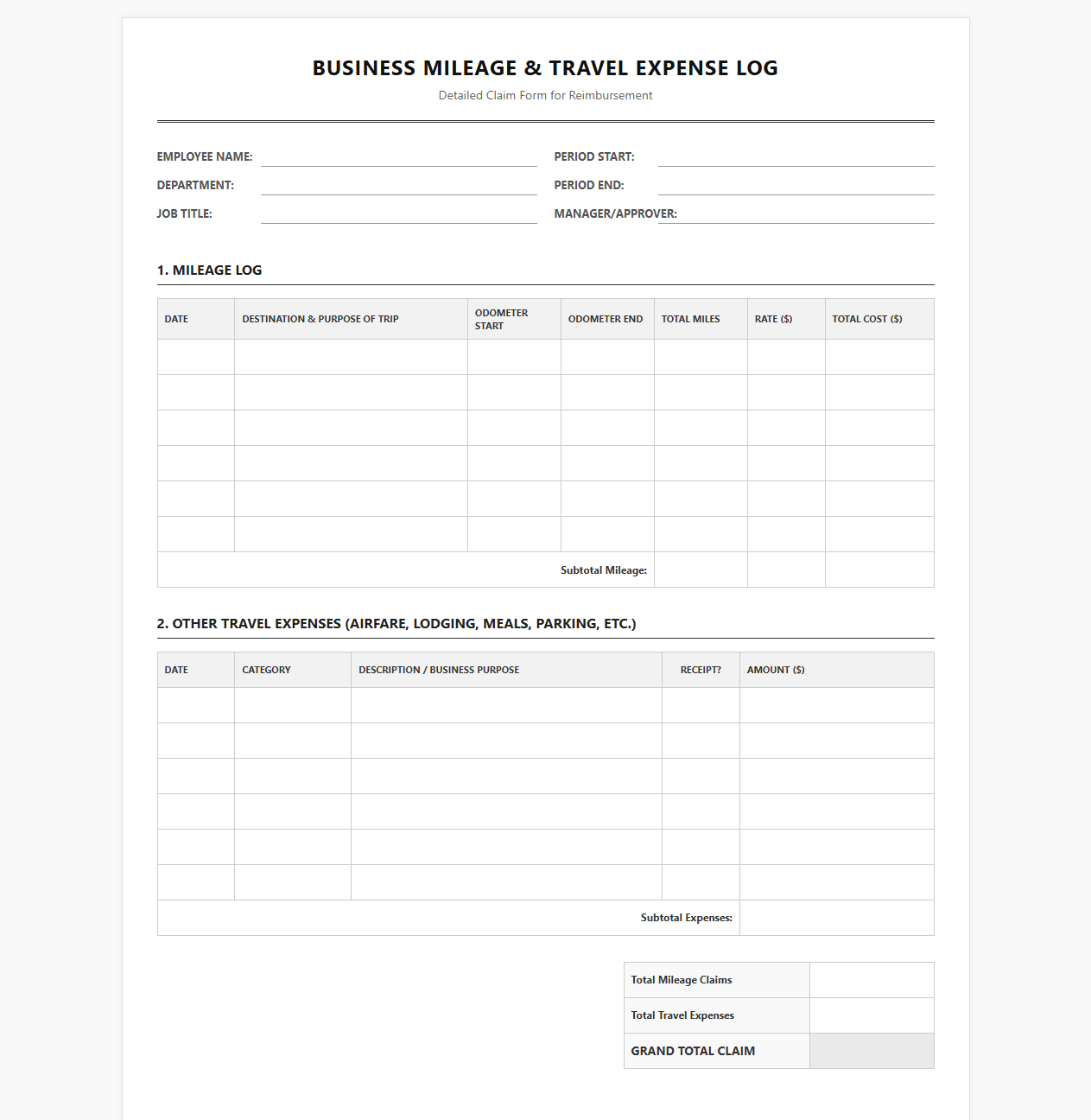Business Mileage and Travel Expense Log