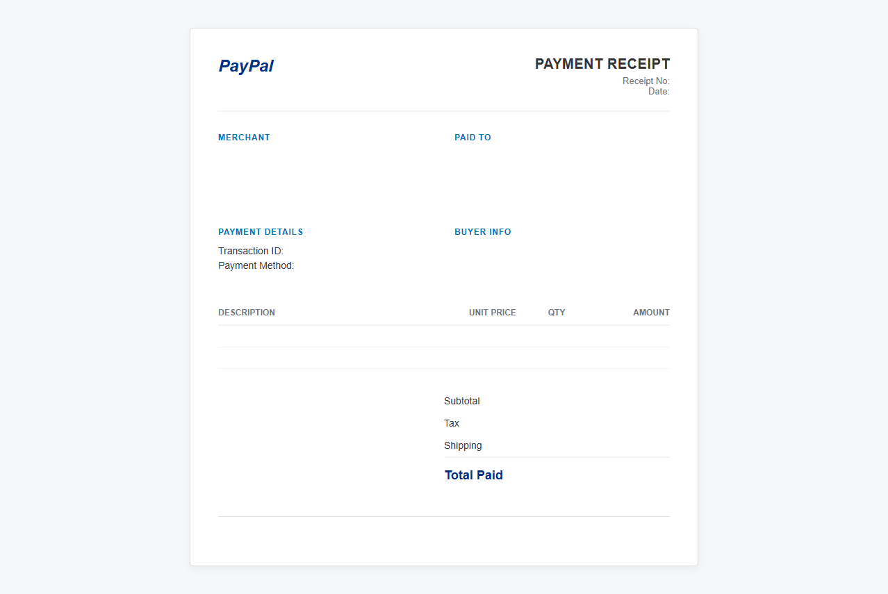 Business PayPal Payment Receipt Template