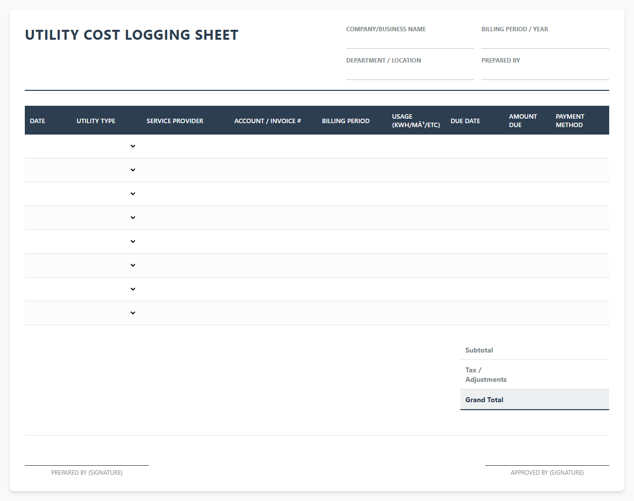 Business Utility Cost Logging Sheet