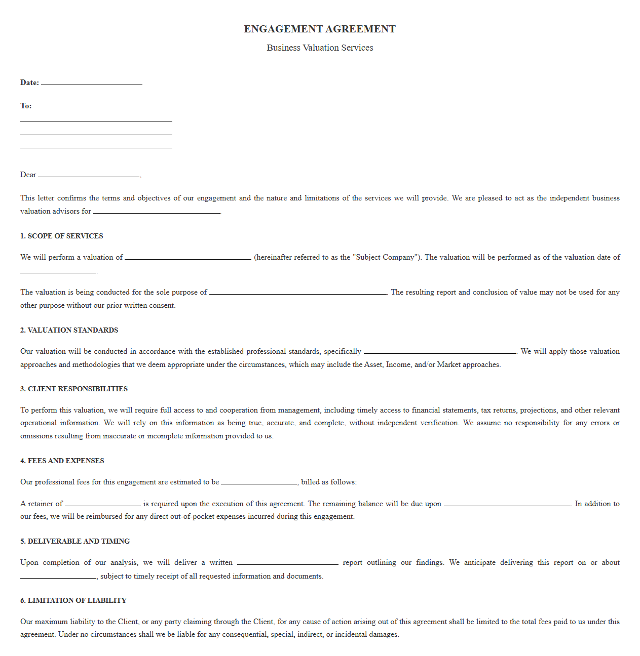 Business Valuation Services Engagement Letter