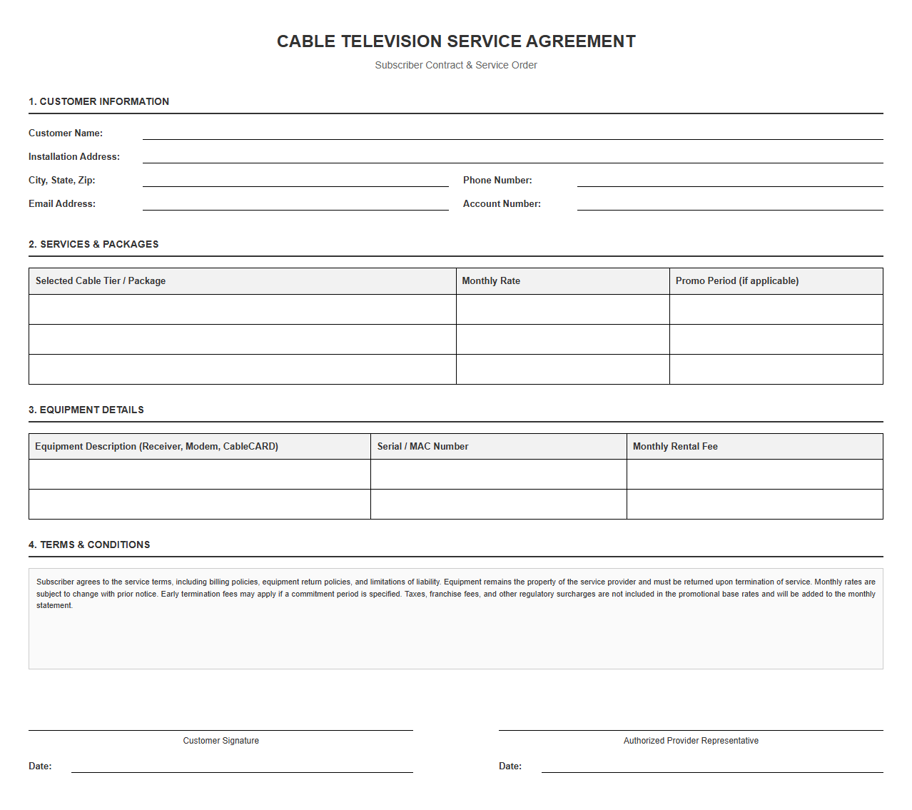 Cable Television Service Agreement Template