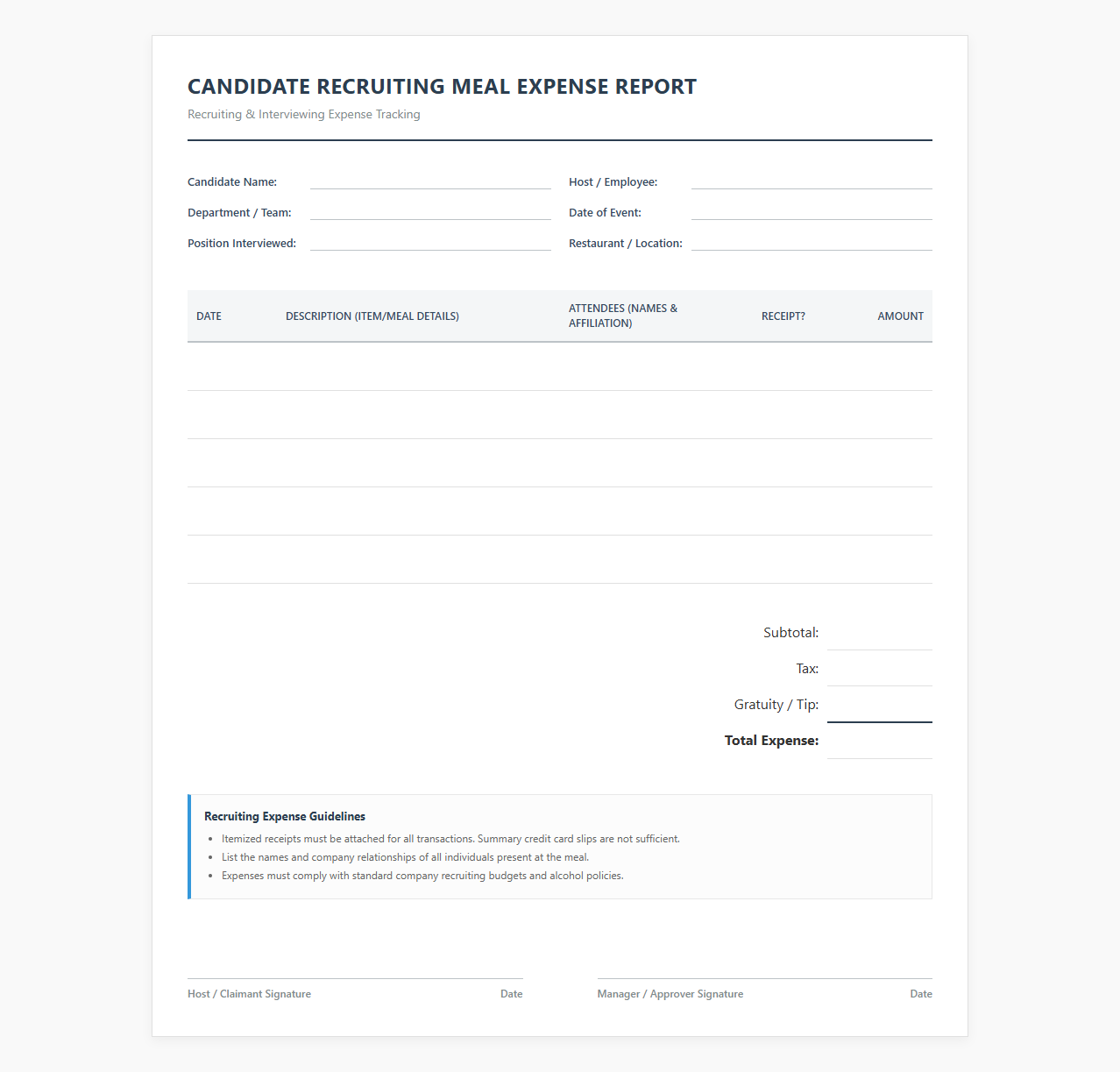Candidate Dinner Expense Tracking Sheet