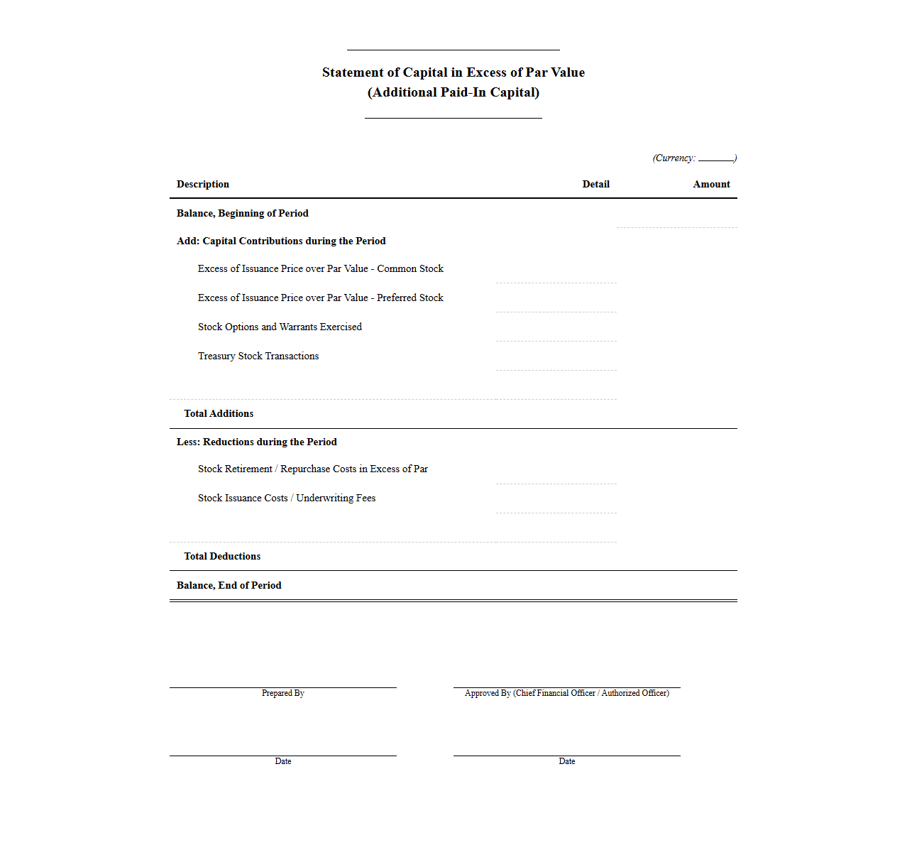 Capital in Excess of Par Value Statement Template