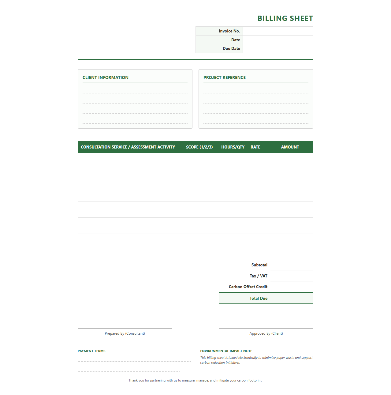 Carbon Footprint Consultation Billing Sheet