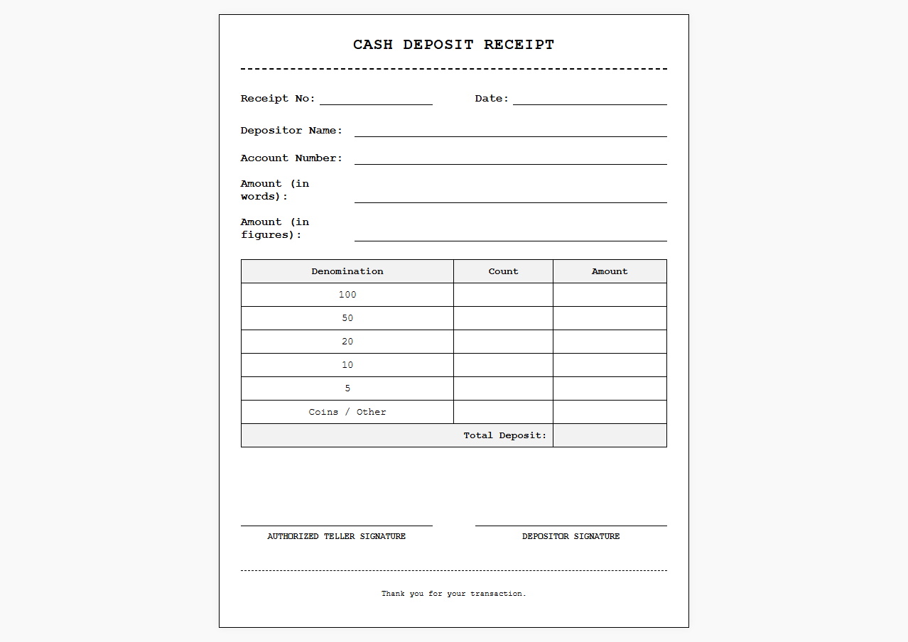 Cash Deposit Receipt Template