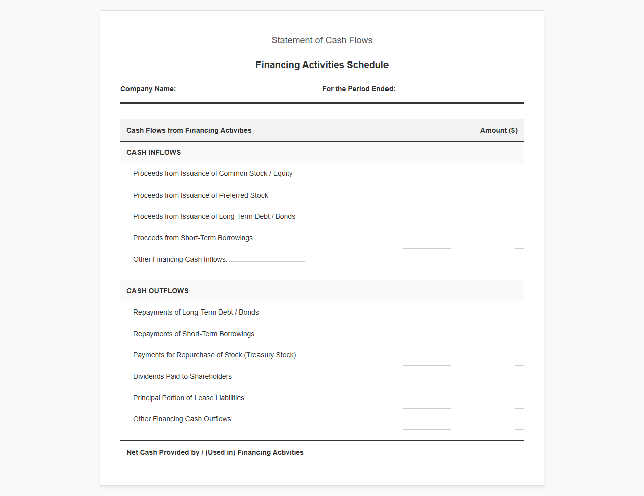 Cash Flow Statement Financing Activities Schedule