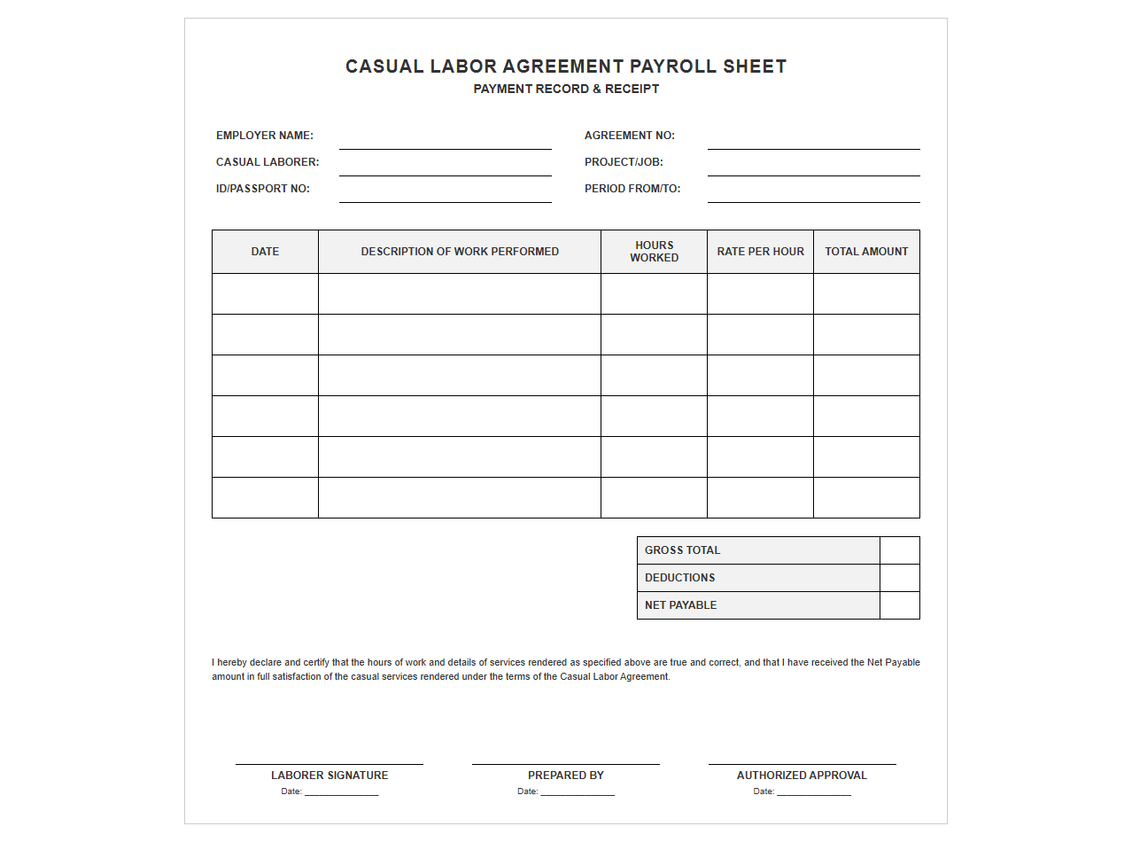 Casual Labor Agreement Payroll Sheet