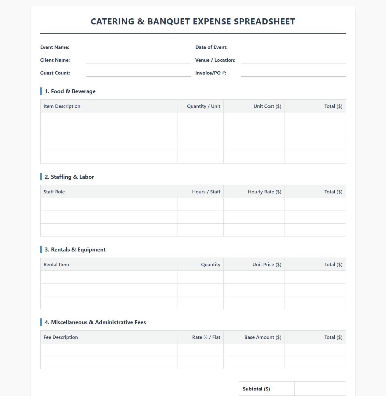 Catering and Banquet Expense Spreadsheet