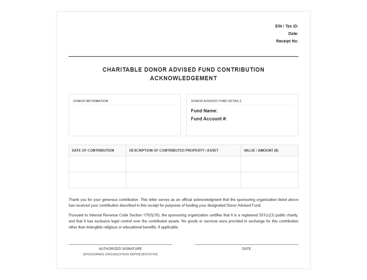 Charitable DAF Contribution Acknowledgement Template