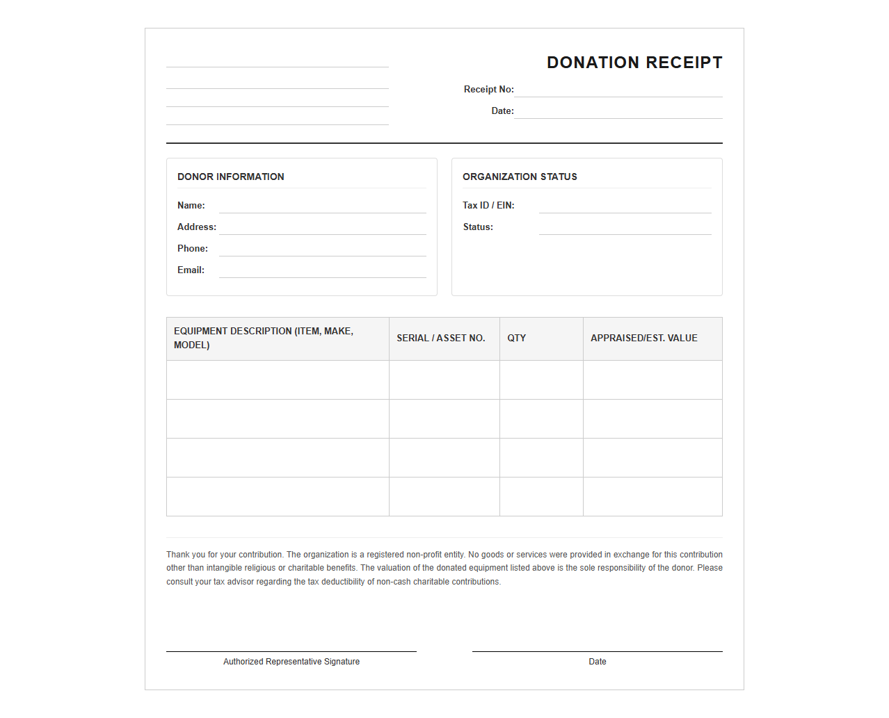 Charitable Equipment Contribution Receipt Template